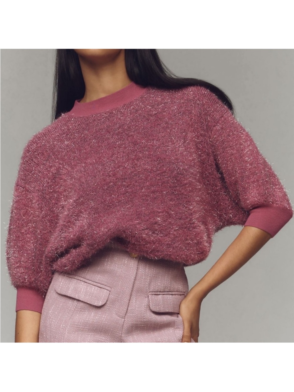 Maeve Violetta Tinsel Keyhole Sweater Pink Sparkle Size M Short Sleeve
